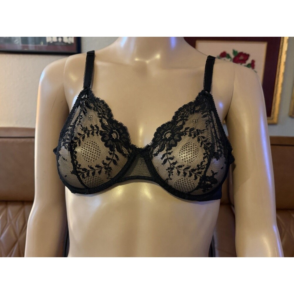 Vintage Vtg Lejaby Black Floral Lace Underwire Bra Womens 36B Sexy Sheer